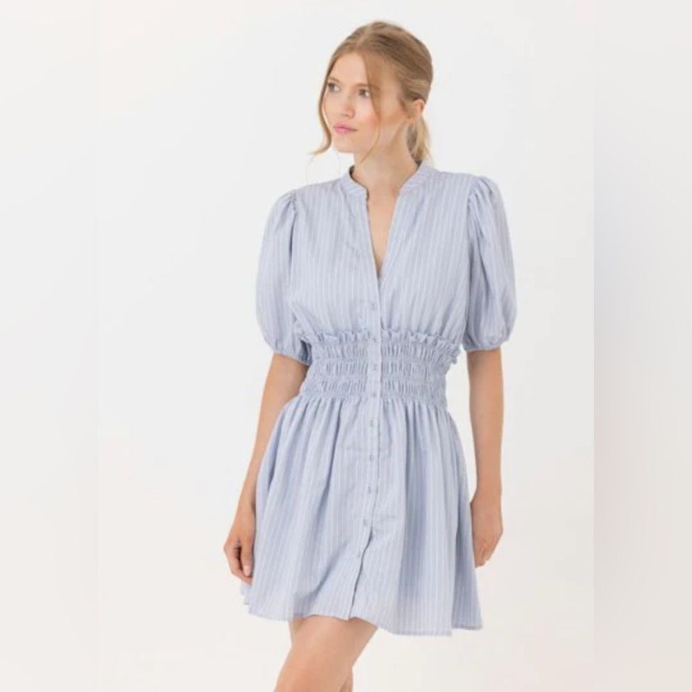 Sundays Blue Smocked Mandarin Collar Dress